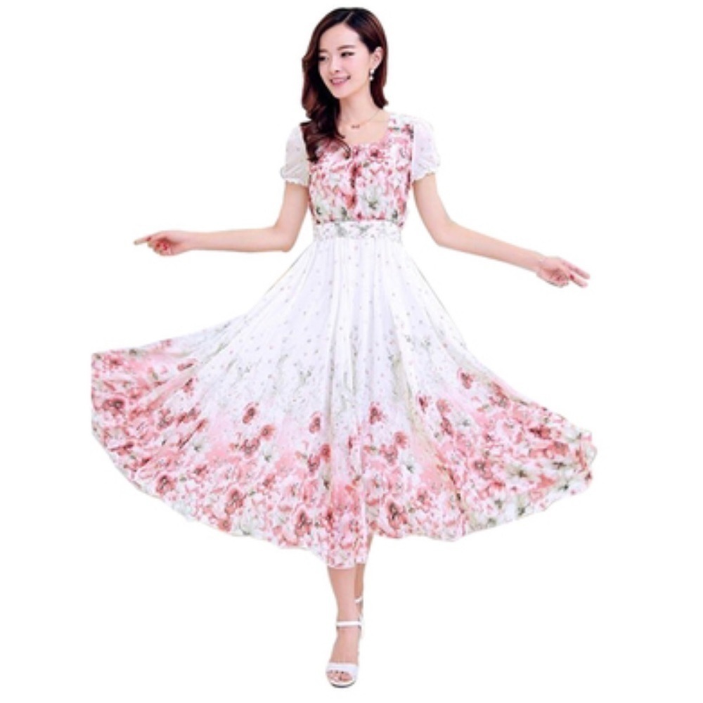 NWOT Floral Pink and White Midi Dress - Elegant Summer Fit